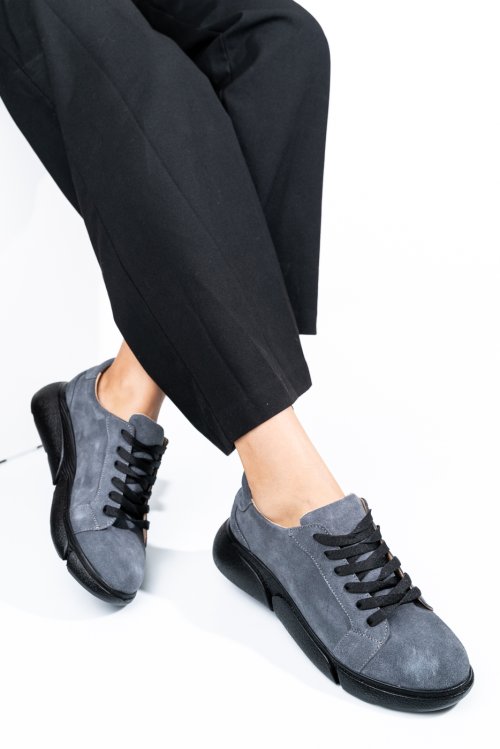 Pantofi sport gri negru piele naturala intoarsa 3s77011b