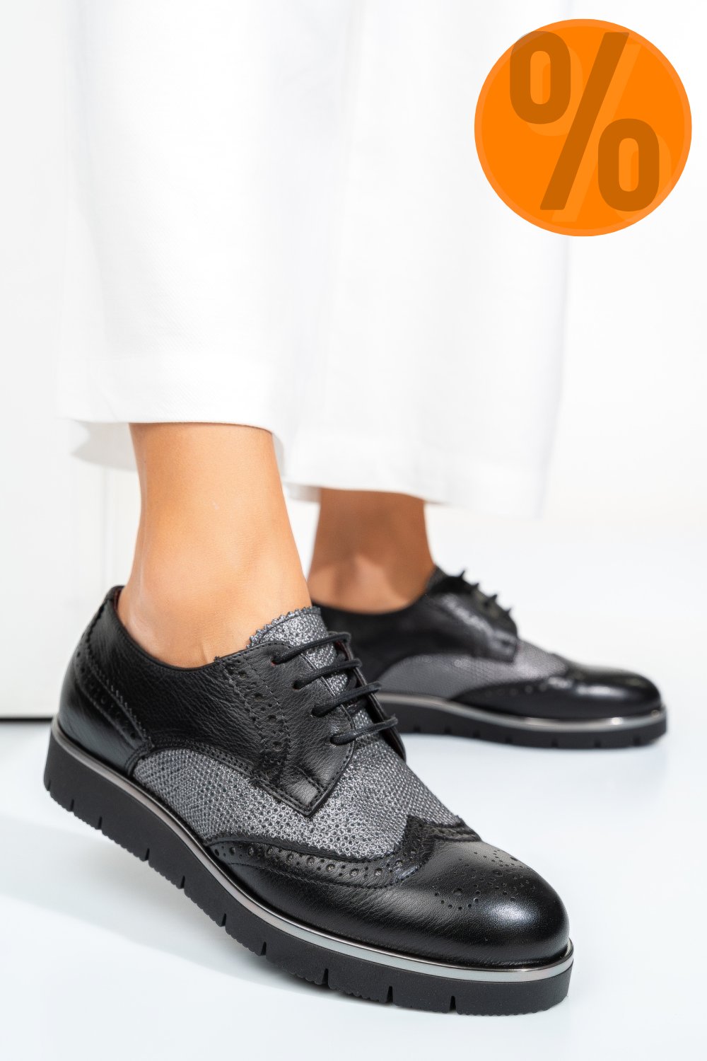PANTOFI NEGRU ARGINTIU PIELE NATURALA 5S7744001