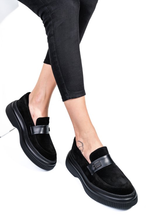 Mocasini negri piele naturala intoarsa 251619sp