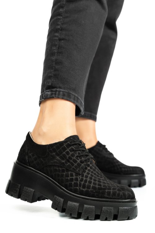 Pantofi negri cro piele naturala intoarsa 2s77085