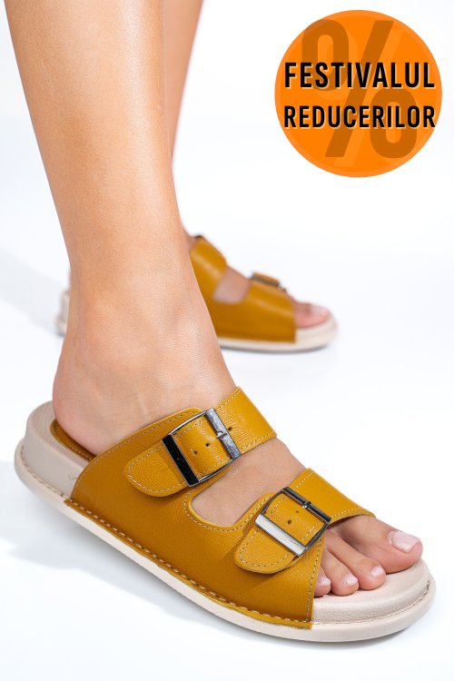 Papuci mustar piele naturala apckd-0100