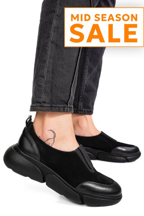 Pantofi sport femei piele naturala intoarsa negri 2002l