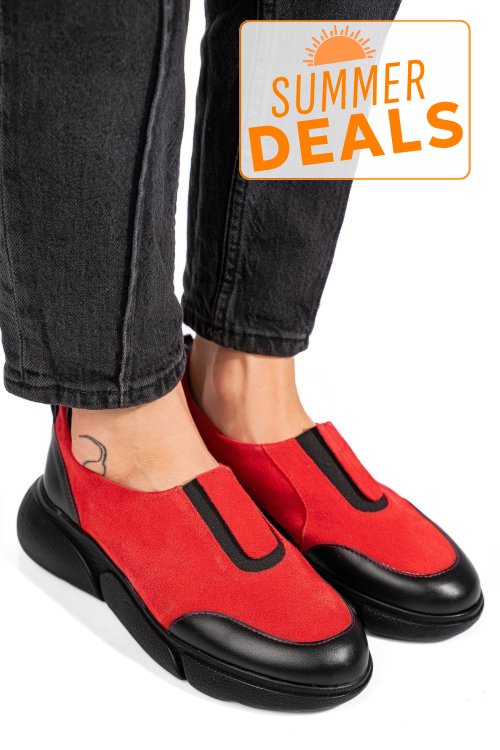 Pantofi sport dama piele naturala intoarsa rosii 2002l