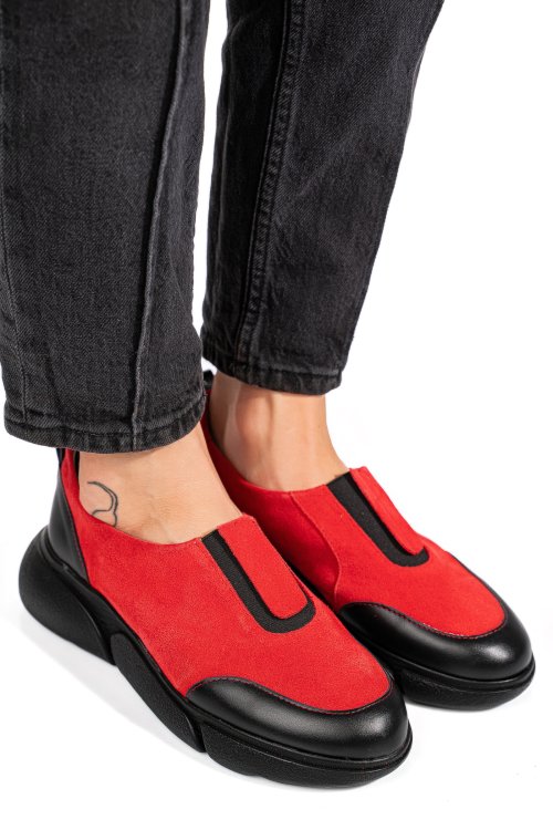 Pantofi sport dama piele naturala intoarsa rosii 2002l