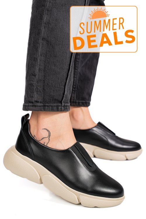 Pantofi sport femei piele naturala negri talpa bej 2002l