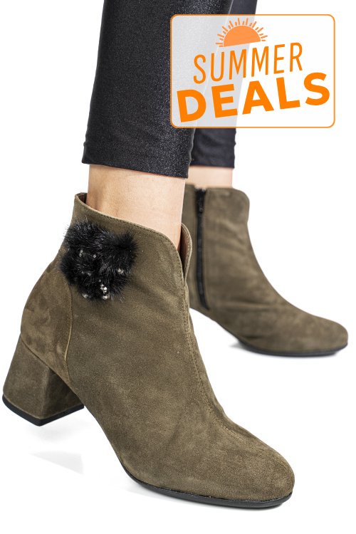 Botine dama cu toc mic piele naturala intoarsa khaki negru 7s7725
