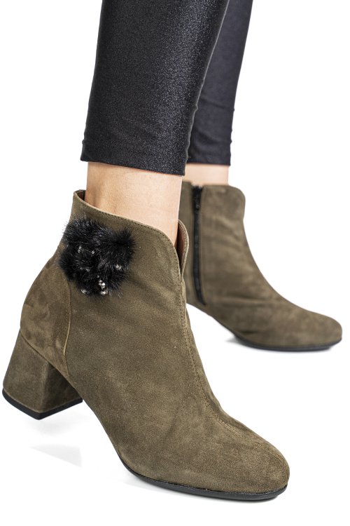 Botine dama cu toc mic piele naturala intoarsa khaki negru 7s7725