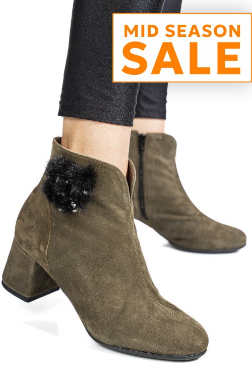 Botine dama cu toc mic piele naturala intoarsa khaki negru 7s7725