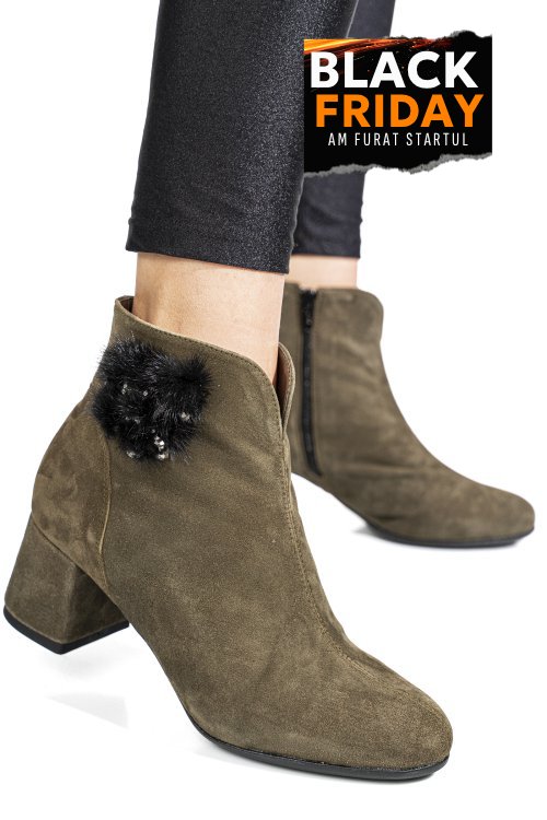 Botine dama cu toc mic piele naturala intoarsa khaki negru 7s7725
