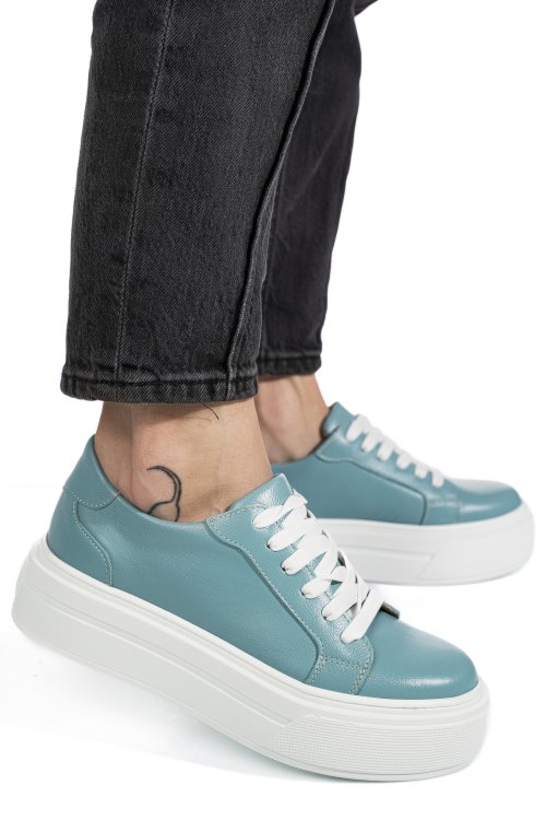 Pantofi sport dama piele naturala turcoaz  talpa alba 3s77001