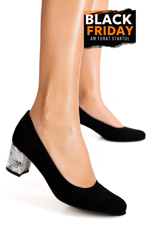 Pantofi negri toc floral piele naturala intoarsa 1s77500