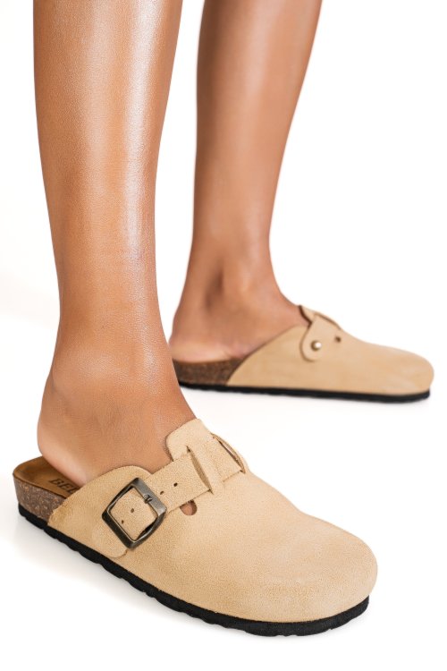 Papuci bej piele naturala intoarsa 1278-8227
