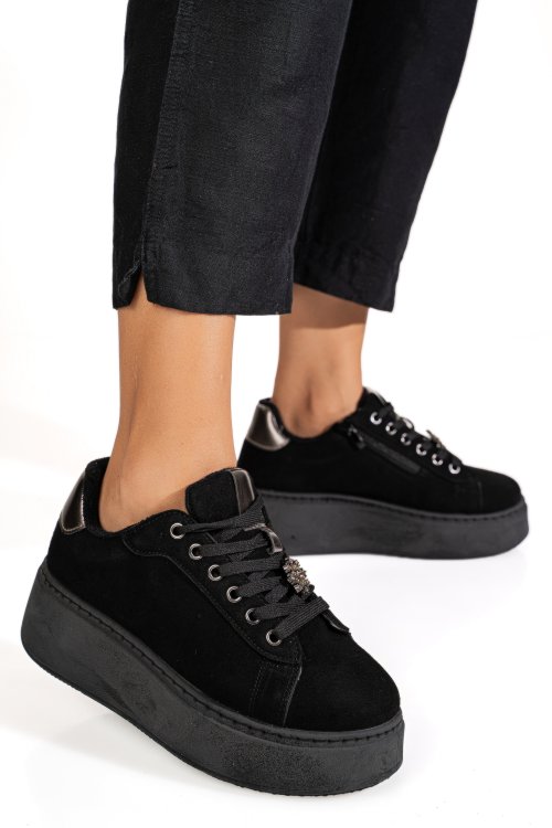 Pantofi sport negri piele naturala intoarsa is77700