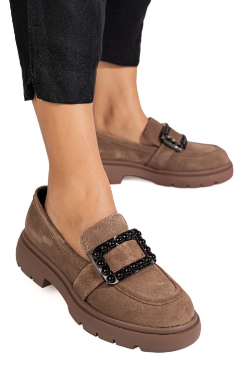 Mocasini taupe piele naturala intoarsa is77441