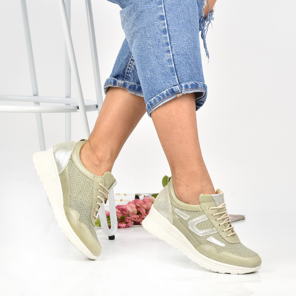 PANTOFI SPORT BEJ ARGINTIU PIELE NATURALA WS77S-3001