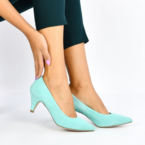 Pantofi turcoaz toc mic piele naturala claire