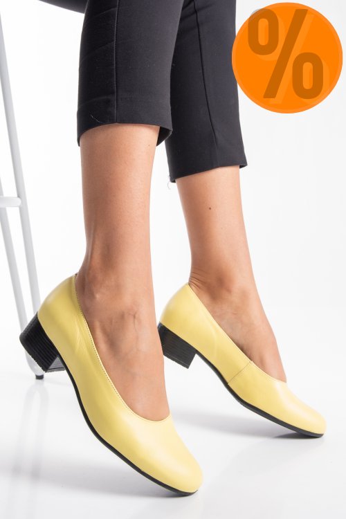 Pantofi dama piele naturala galbeni toc mic 2s77040