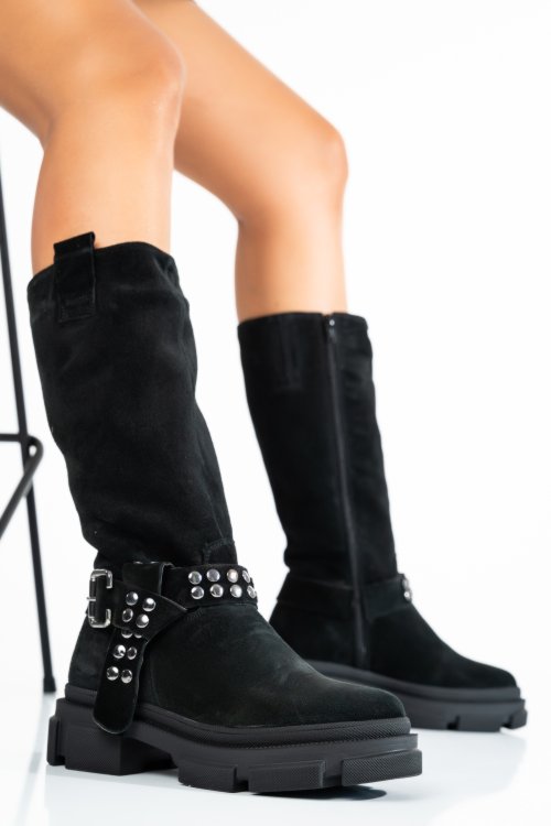 Cizme dama piele naturala intoarsa negre 222870sp