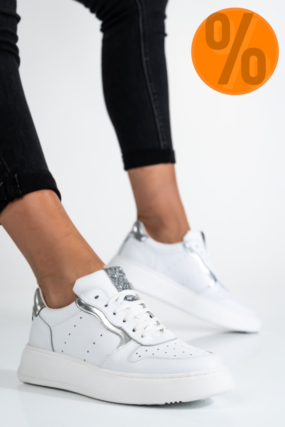 PANTOFI SPORT ALB ARGINTIU PIELE NATURALA 2S77021