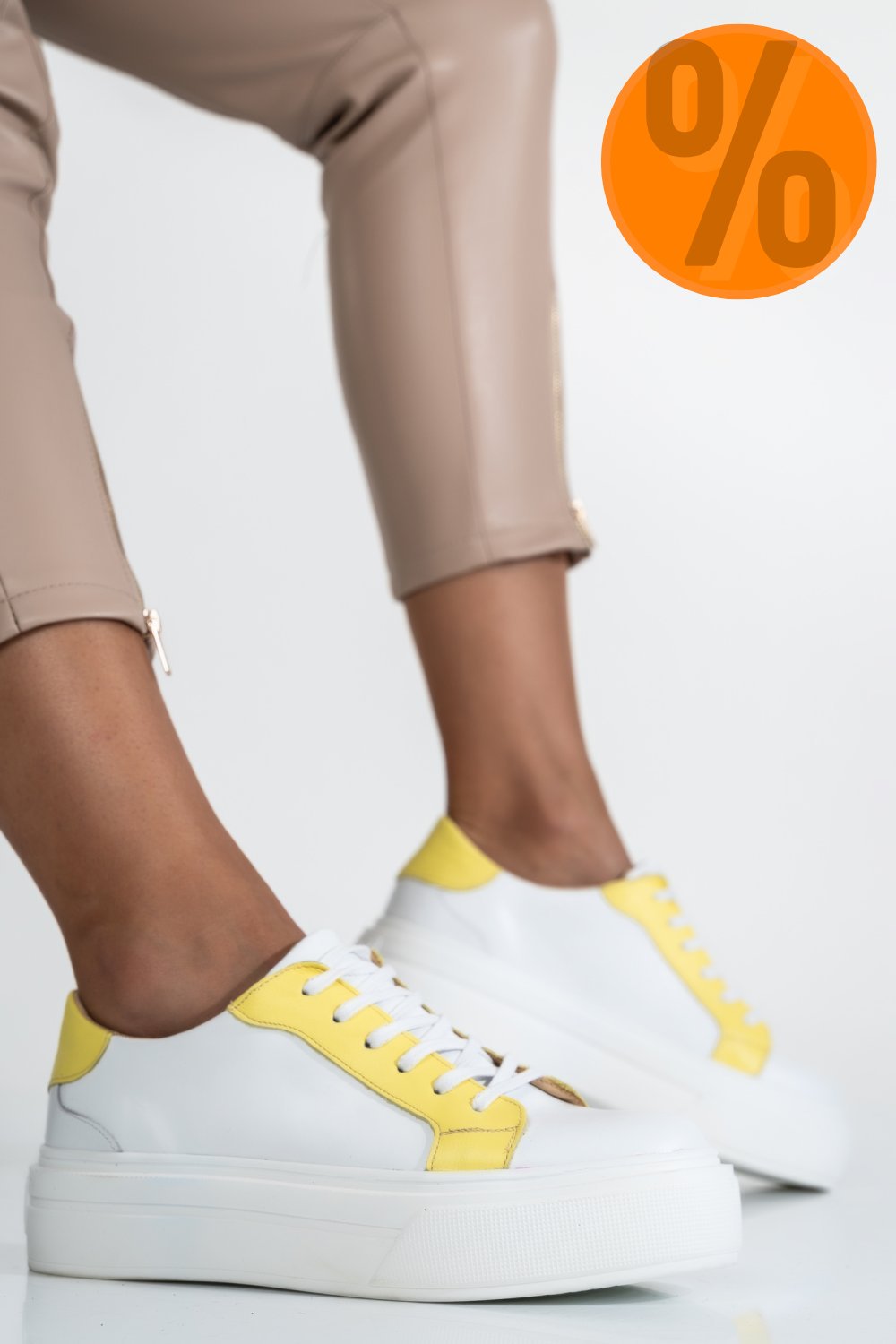 PANTOFI SPORT FEMEI PIELE NATURALA ALB GALBEN 3S77005B