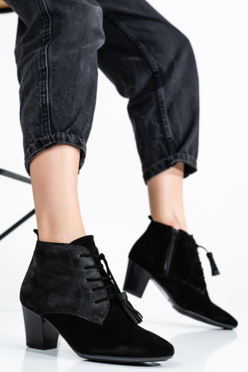 Botine dama piele naturala intoarsa negre cu toc mic arendal