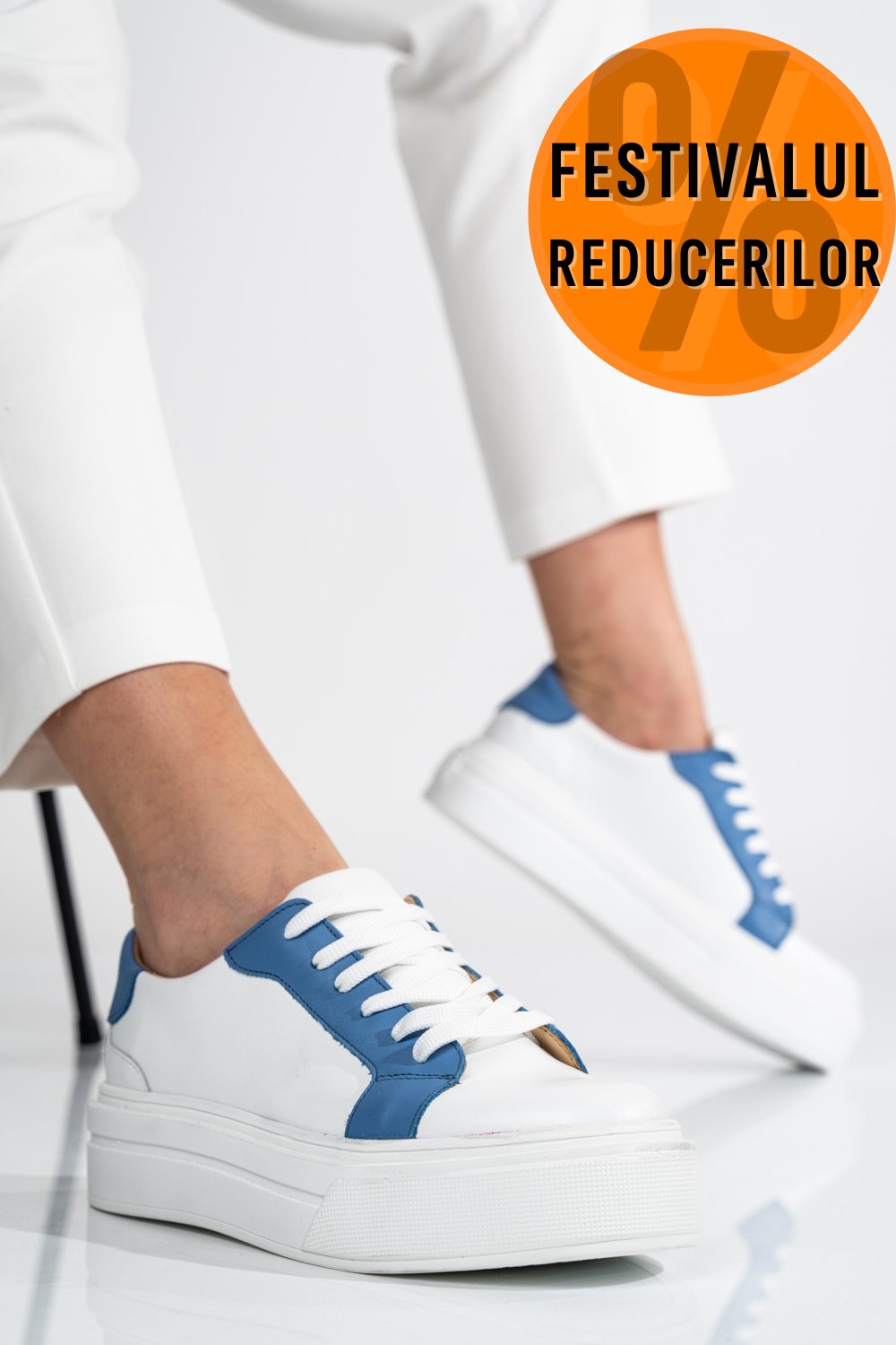 PANTOFI SPORT DAMA PIELE NATURALA ALB BLEU 3S77001