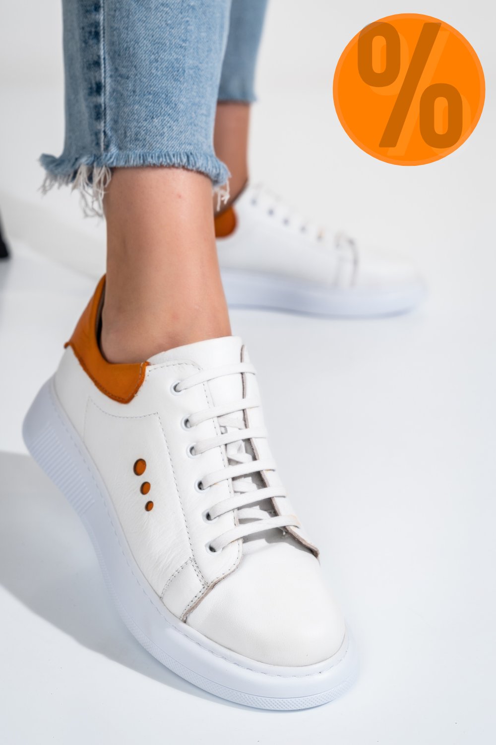 PANTOFI SPORT ALB PORTOCALIU PIELE NATURALA BS77GO109