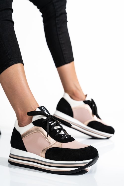 Sneakers negru roz piele naturala intoarsa 1836p-041