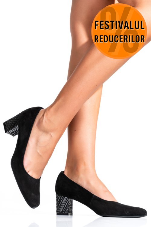 Pantofi dama guban piele naturala intoarsa  black cu toc mic 3s77475