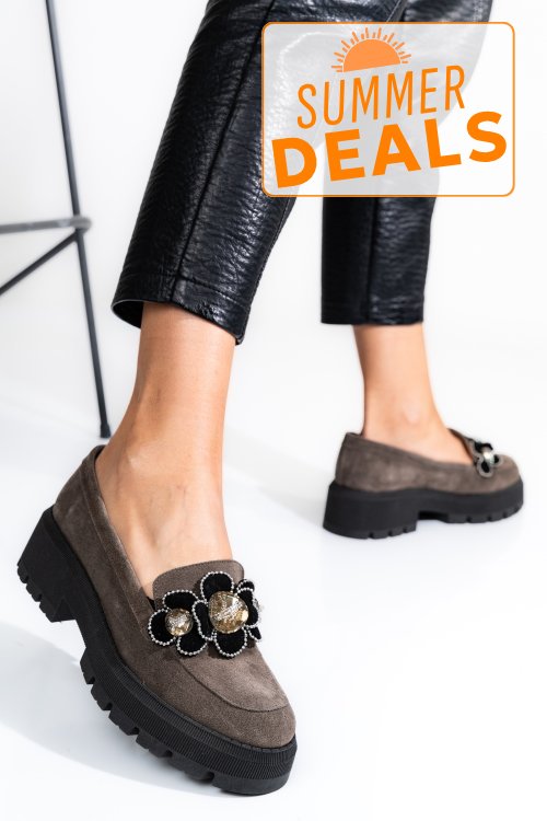 Mocasini gri inchis piele naturala intoarsa 2s7723