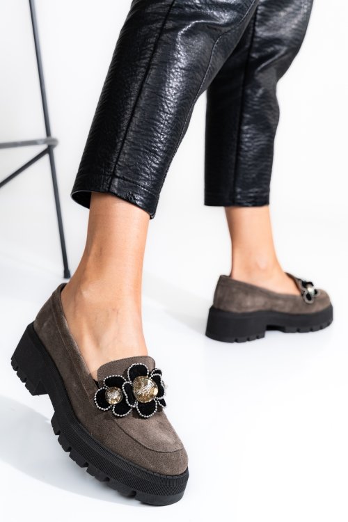 Mocasini gri inchis piele naturala intoarsa 2s7723