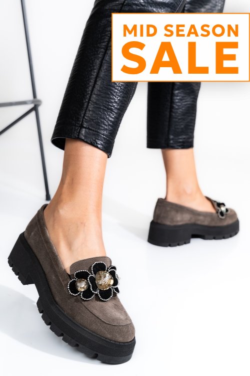 Mocasini gri inchis piele naturala intoarsa 2s7723
