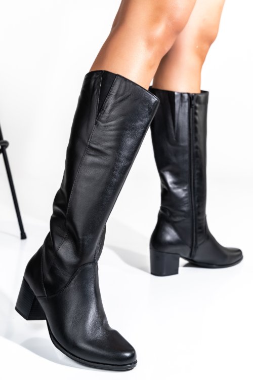 Cizme dama piele naturala negre cu toc mic 7s77908