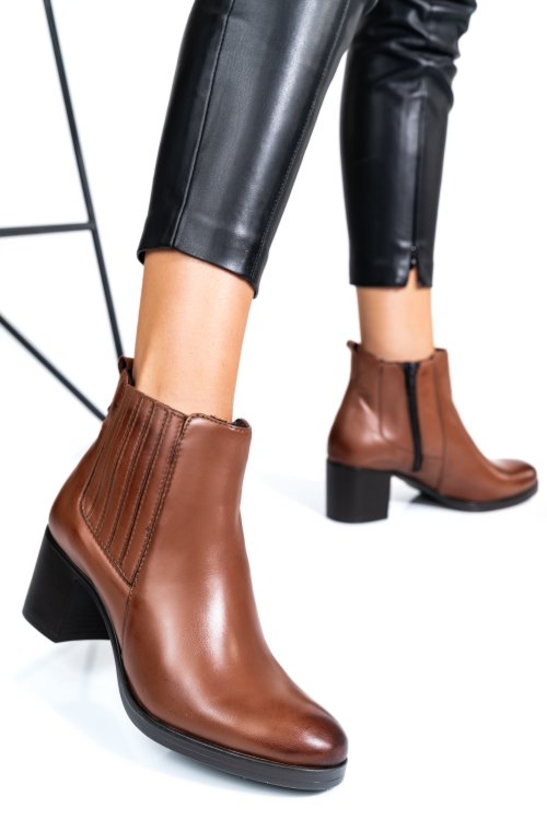 Botine dama piele naturala maro toc mic ws77h-114h54