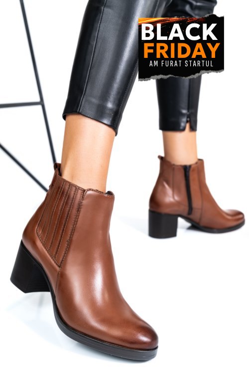 Botine dama piele naturala maro toc mic ws77h-114h54