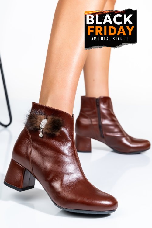 Botine dama cu toc mic piele naturala maro 7s7725