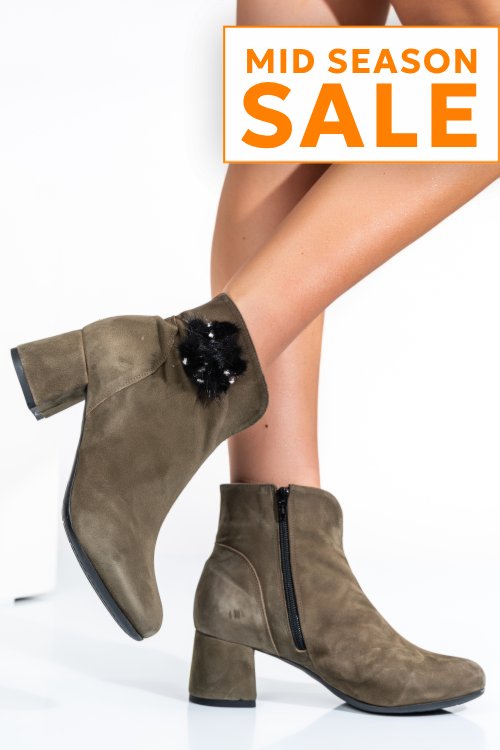 Botine dama cu toc mic piele naturala intoarsa khaki 7s7725