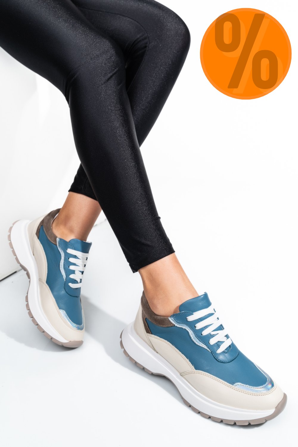 PANTOFI SPORT ALBASTRU BEJ PIELE NATURALA 241614NP