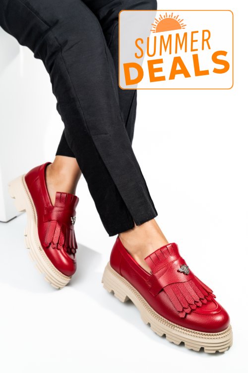 Mocasini dama piele naturala rosii talpa bej 3s7795