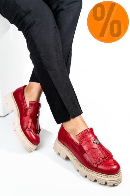 Mocasini dama piele naturala rosii talpa bej 3s7795