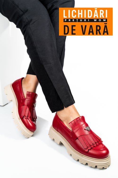 Mocasini dama piele naturala rosii talpa bej 3s7795