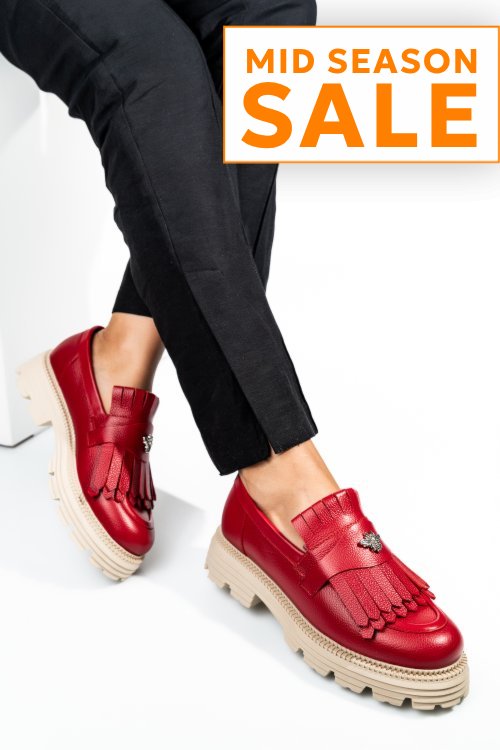 Mocasini dama piele naturala rosii talpa bej 3s7795