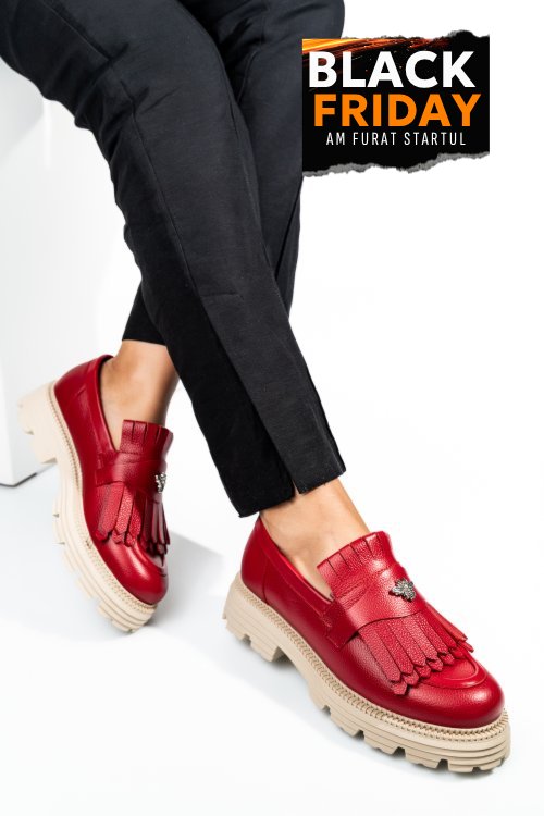 Mocasini dama piele naturala rosii talpa bej 3s7795